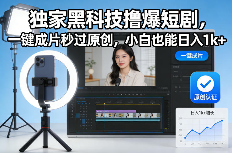 独家黑科技撸爆短剧,一键成片秒过原创,小白也能日入1k+【揭秘】网创-网赚-电商-tk-出海-AI-抖音-快手-小红书-视频号-玩法-创业-小程序-公众号-私域-s粉网创智库