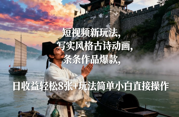 短视频新玩法，写实风格古诗动画，条条作品爆款，日收益轻松8张+玩法简单小白直接操作网创-网赚-电商-tk-出海-AI-抖音-快手-小红书-视频号-玩法-创业-小程序-公众号-私域-s粉网创智库