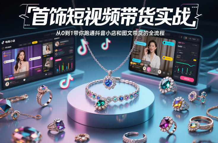 首饰短视频带货实战，从0到1带你跑通抖音小店和图文带货的全流程网创-网赚-电商-tk-出海-AI-抖音-快手-小红书-视频号-玩法-创业-小程序-公众号-私域-s粉网创智库