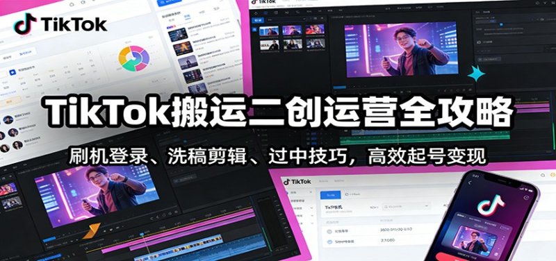 TikTok搬运二创运营全攻略：刷机登录、洗稿剪辑 、过中技巧，高效起号变现网创-网赚-电商-tk-出海-AI-抖音-快手-小红书-视频号-玩法-创业-小程序-公众号-私域-s粉网创智库