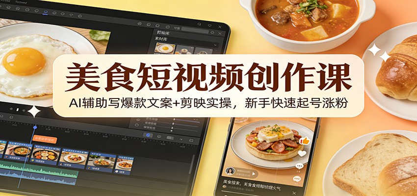 美食短视频创作课：AI辅助写爆款文案+剪映实操，新手快速起号涨粉 - 网创智库网创-网赚-电商-tk-出海-AI-抖音-快手-小红书-视频号-玩法-创业-小程序-公众号-私域-s粉网创智库