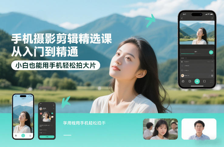 手机摄影剪辑精选课，从入门到精通，小白也能用手机轻松拍大片网创-网赚-电商-tk-出海-AI-抖音-快手-小红书-视频号-玩法-创业-小程序-公众号-私域-s粉网创智库