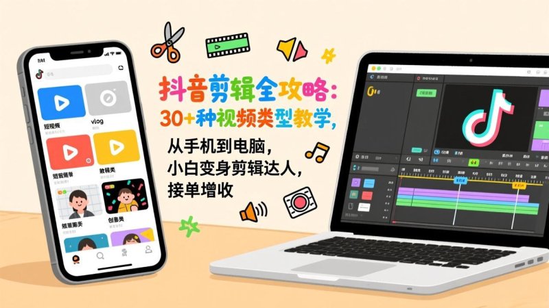 抖音剪辑全攻略：30+种视频类型教学，从手机到电脑，小白变身剪辑达人，接单增收网创-网赚-电商-tk-出海-AI-抖音-快手-小红书-视频号-玩法-创业-小程序-公众号-私域-s粉网创智库