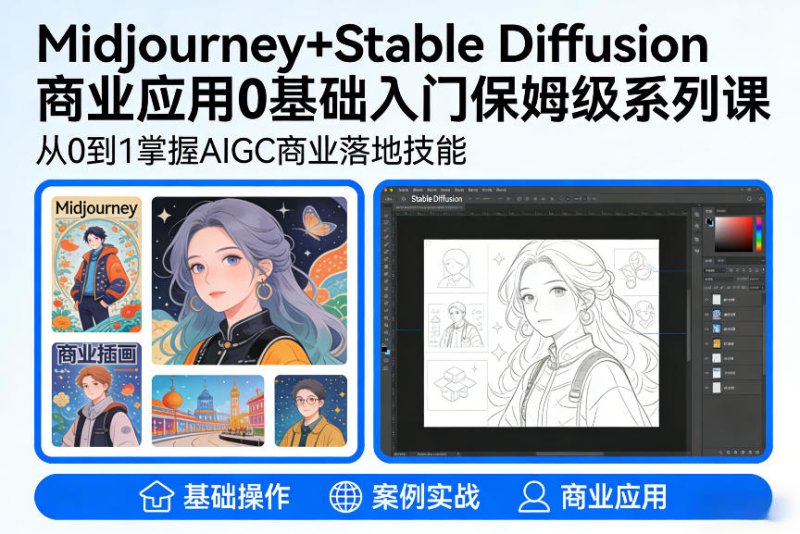 AIGC商业应用Midjourney+Stable Diffusion教程，0基础入门保姆级系列课网创-网赚-电商-tk-出海-AI-抖音-快手-小红书-视频号-玩法-创业-小程序-公众号-私域-s粉网创智库
