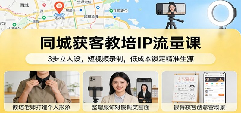 同城获客教培IP流量课：3步立人设，短视频录制，低成本锁定精准生源网创-网赚-电商-tk-出海-AI-抖音-快手-小红书-视频号-玩法-创业-小程序-公众号-私域-s粉网创智库