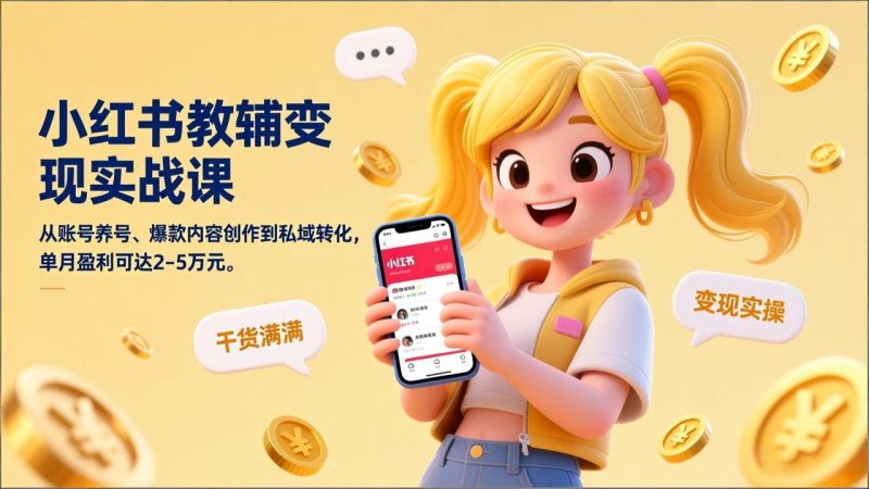 小红书教辅变现实战课，从账号养号、爆款内容创作到私域转化，单月盈利可达2-5万元网创-网赚-电商-tk-出海-AI-抖音-快手-小红书-视频号-玩法-创业-小程序-公众号-私域-s粉网创智库