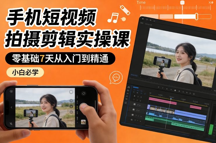 手机短视频拍摄剪辑实操课，零基础7天从入门到精通，小白必学网创-网赚-电商-tk-出海-AI-抖音-快手-小红书-视频号-玩法-创业-小程序-公众号-私域-s粉网创智库