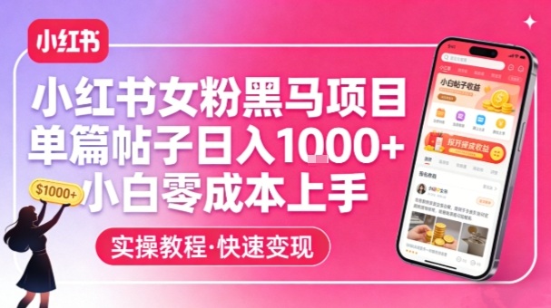 小红书女粉黑马项目，单篇帖子日入1k+，小白零成本上手网创-网赚-电商-tk-出海-AI-抖音-快手-小红书-视频号-玩法-创业-小程序-公众号-私域-s粉网创智库