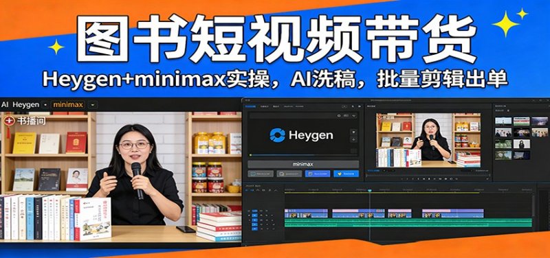 图书短视频带货：Heygen+minimax实操，AI洗稿 ，批量剪辑出单网创-网赚-电商-tk-出海-AI-抖音-快手-小红书-视频号-玩法-创业-小程序-公众号-私域-s粉网创智库