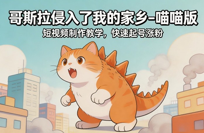 哥斯拉侵入了我的家乡–喵喵版短视频制作教学，快速起号涨粉网创-网赚-电商-tk-出海-AI-抖音-快手-小红书-视频号-玩法-创业-小程序-公众号-私域-s粉网创智库