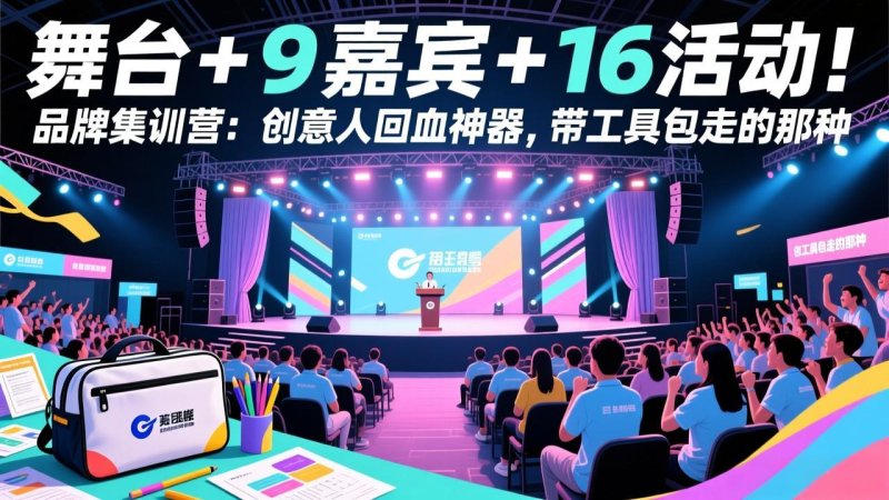 舞台 + 9 嘉宾 + 16 活动！品牌集训营：创意人回血神器，带工具包走的那种网创-网赚-电商-tk-出海-AI-抖音-快手-小红书-视频号-玩法-创业-小程序-公众号-私域-s粉网创智库