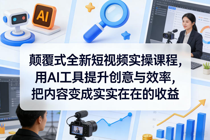颠覆式全新短视频实操课程，用AI工具提升创意与效率，把内容变成实实在在的收益网创-网赚-电商-tk-出海-AI-抖音-快手-小红书-视频号-玩法-创业-小程序-公众号-私域-s粉网创智库