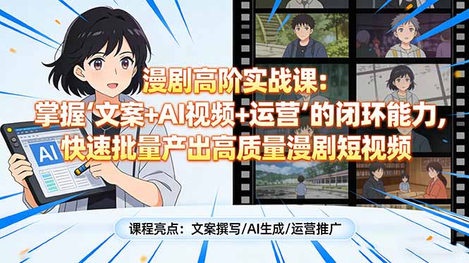 漫剧高阶实战课：掌握“文案+AI视频+运营”的闭环能力，快速批量产出高质量漫剧短视频网创-网赚-电商-tk-出海-AI-抖音-快手-小红书-视频号-玩法-创业-小程序-公众号-私域-s粉网创智库