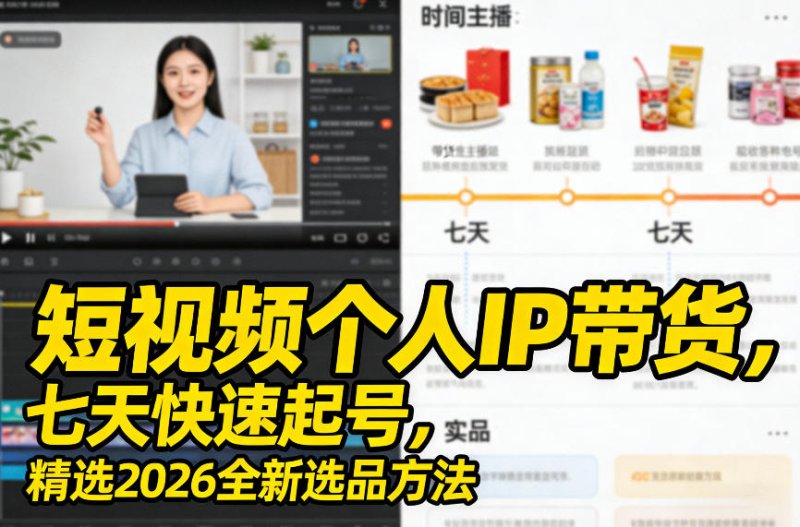 短视频个人IP带货，七天快速起号，精选2026全新选品方法网创-网赚-电商-tk-出海-AI-抖音-快手-小红书-视频号-玩法-创业-小程序-公众号-私域-s粉网创智库