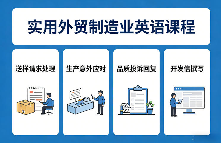 实用外贸制造业英语课程，教你专业处理送样请求、应对生产意外、回复品质投诉、撰写开发信等网创-网赚-电商-tk-出海-AI-抖音-快手-小红书-视频号-玩法-创业-小程序-公众号-私域-s粉网创智库