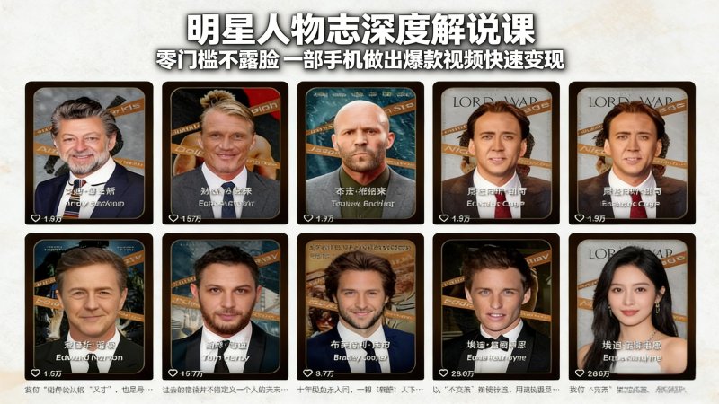 明星人物志深度解说课：零门槛不露脸，一部手机做出爆款视频快速变现网创-网赚-电商-tk-出海-AI-抖音-快手-小红书-视频号-玩法-创业-小程序-公众号-私域-s粉网创智库