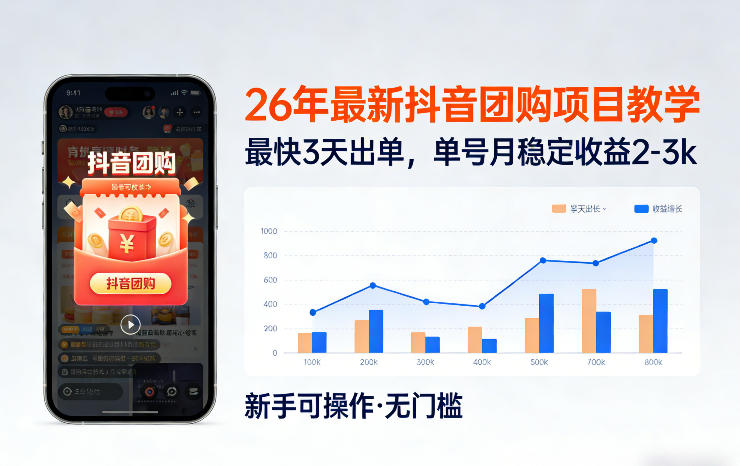 26年最新抖音团购项目教学，0门槛，最快3天出单，单号月稳定收益2-3k网创-网赚-电商-tk-出海-AI-抖音-快手-小红书-视频号-玩法-创业-小程序-公众号-私域-s粉网创智库