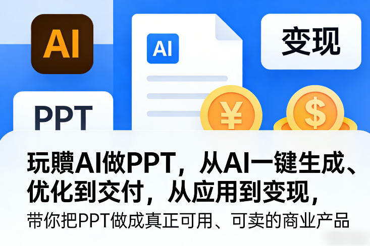玩賺AI做PPT，从AI一键生成、优化到交付，从应用到变现，带你把PPT做成真正可用、可卖的商业产品网创-网赚-电商-tk-出海-AI-抖音-快手-小红书-视频号-玩法-创业-小程序-公众号-私域-s粉网创智库