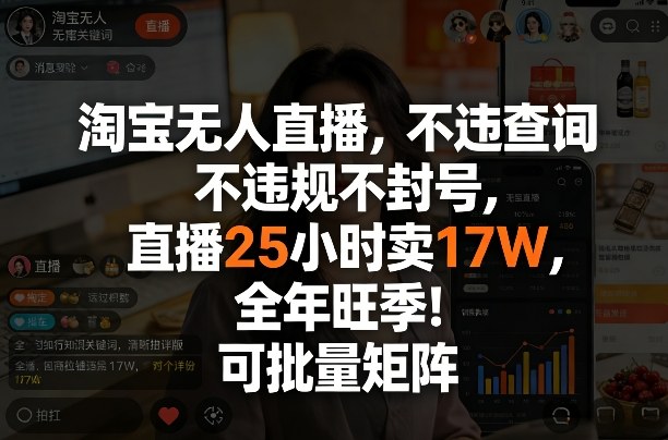 淘宝无人直播，不违规不封号，直播25小时卖17W，全年旺季！可批量矩阵【揭秘】网创-网赚-电商-tk-出海-AI-抖音-快手-小红书-视频号-玩法-创业-小程序-公众号-私域-s粉网创智库