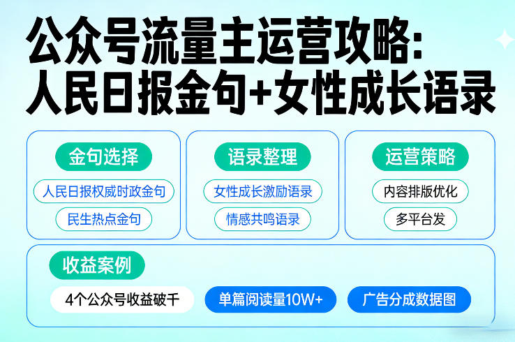 利用人民日报金句+女性成长语录做公众号流量主，4个公众号收益破千网创-网赚-电商-tk-出海-AI-抖音-快手-小红书-视频号-玩法-创业-小程序-公众号-私域-s粉网创智库