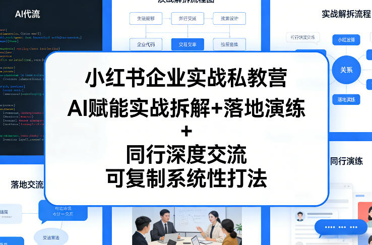 小红书企业实战私教营，AI赋能实战拆解+落地演练+同行深度交流，可复制系统性打法网创-网赚-电商-tk-出海-AI-抖音-快手-小红书-视频号-玩法-创业-小程序-公众号-私域-s粉网创智库