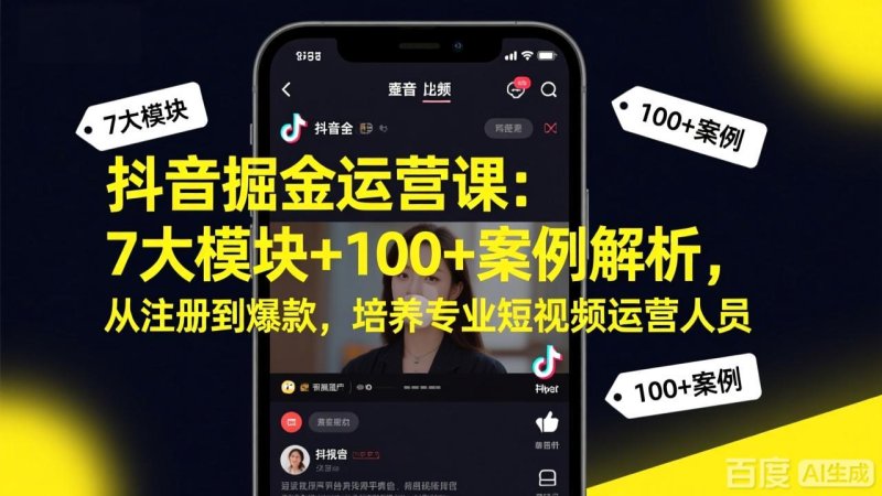 抖音掘金运营课：7大模块+100+案例解析，从注册到爆款，培养专业短视频运营人员网创-网赚-电商-tk-出海-AI-抖音-快手-小红书-视频号-玩法-创业-小程序-公众号-私域-s粉网创智库