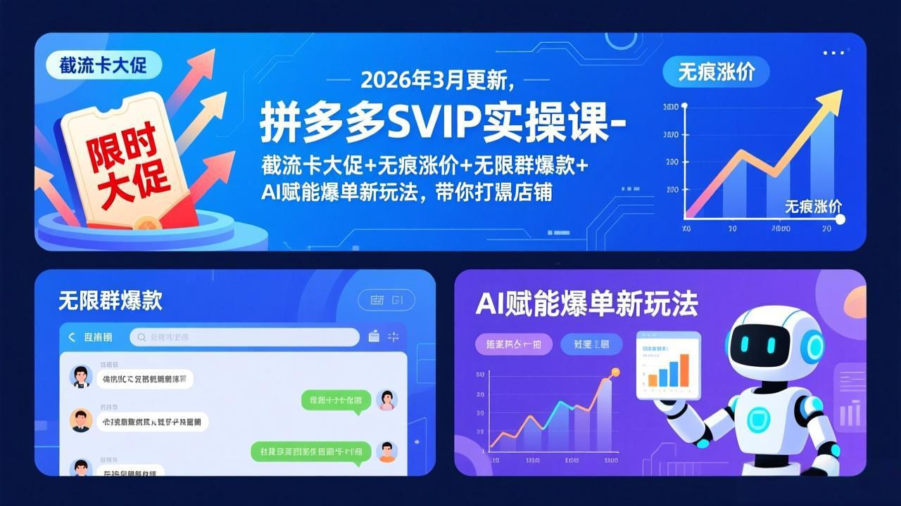 拼多多SVIP实操课-26年3月，截流卡大促+无痕涨价+无限群爆款+AI赋能爆单新玩法，带你打爆店铺 - 网创智库网创-网赚-电商-tk-出海-AI-抖音-快手-小红书-视频号-玩法-创业-小程序-公众号-私域-s粉网创智库