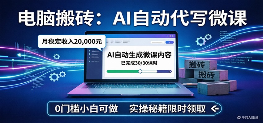 电脑搬砖AI自动代写微课，月稳定2W，0门槛小白可做，实操秘籍 - 网创智库网创-网赚-电商-tk-出海-AI-抖音-快手-小红书-视频号-玩法-创业-小程序-公众号-私域-s粉网创智库