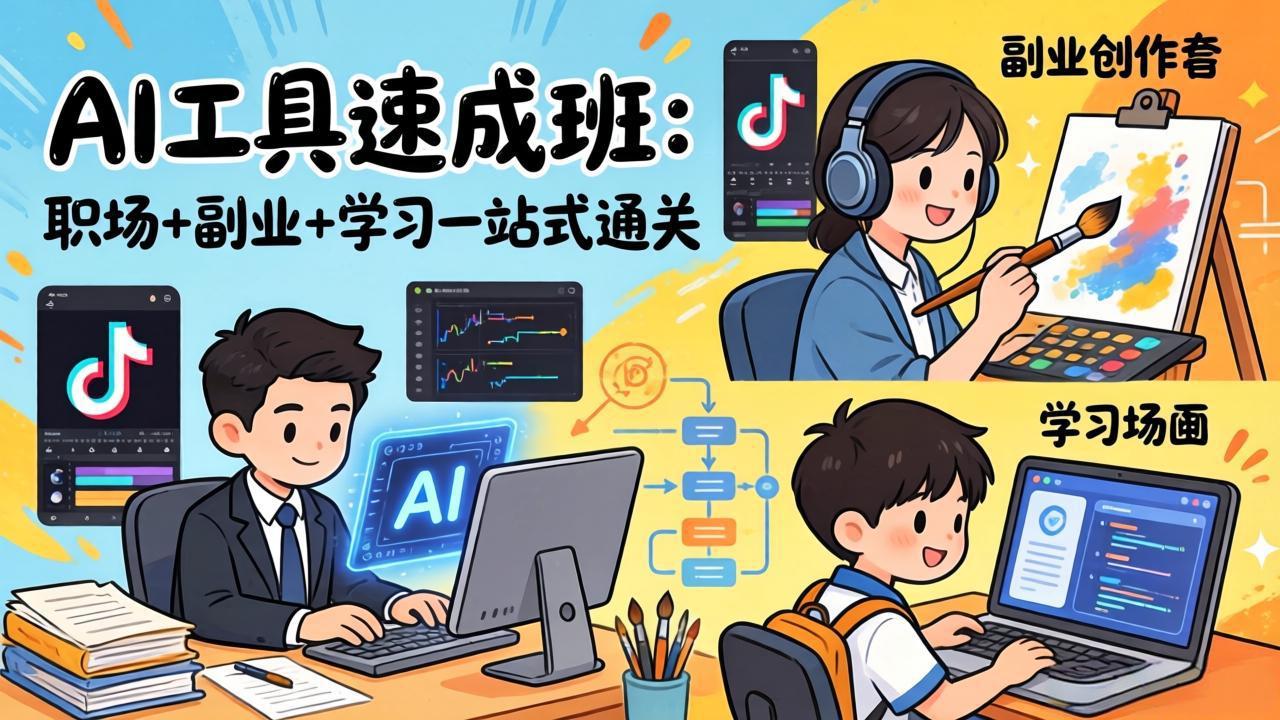 AI工具速成班：职场+副业+学习一站式通关，20+爆款类型+剪映技巧+抖音算法，0基础快速上手 - 网创智库网创-网赚-电商-tk-出海-AI-抖音-快手-小红书-视频号-玩法-创业-小程序-公众号-私域-s粉网创智库