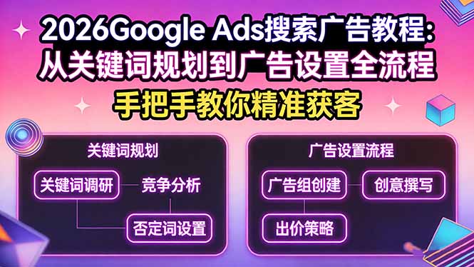 2026Google Ads搜索广告教程：从关键词规划到广告设置全流程，手把手教你精准获客网创-网赚-电商-tk-出海-AI-抖音-快手-小红书-视频号-玩法-创业-小程序-公众号-私域-s粉网创智库
