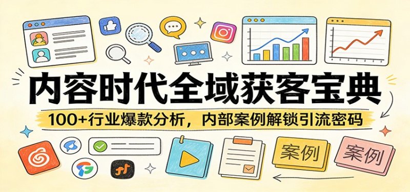 内容时代全域获客宝典：100+行业爆款分析，内部案例解锁引流密码网创-网赚-电商-tk-出海-AI-抖音-快手-小红书-视频号-玩法-创业-小程序-公众号-私域-s粉网创智库