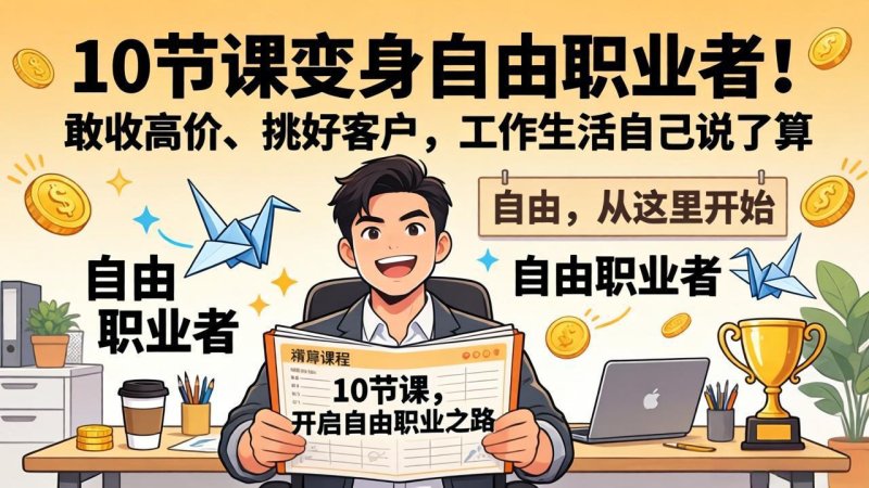 10 节课变身自由职业者！敢收高价、挑好客户，工作生活自己说了算网创-网赚-电商-tk-出海-AI-抖音-快手-小红书-视频号-玩法-创业-小程序-公众号-私域-s粉网创智库