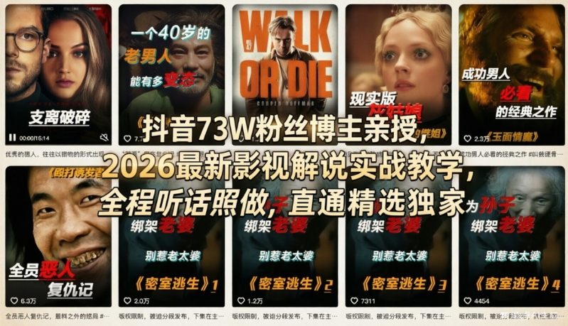 抖音73W粉丝博主亲授，2026最新影视解说实战教学，全程听话照做，直通精选独家网创-网赚-电商-tk-出海-AI-抖音-快手-小红书-视频号-玩法-创业-小程序-公众号-私域-s粉网创智库