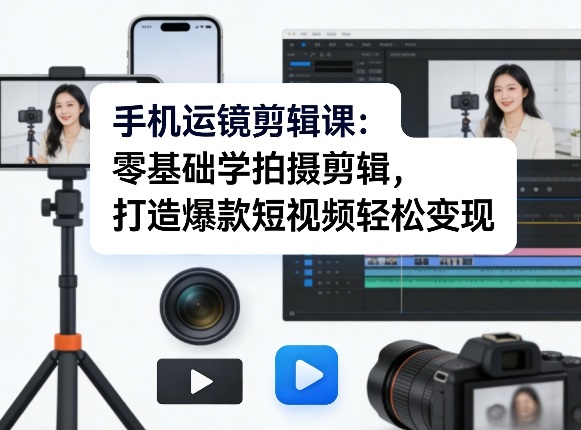 手机运镜剪辑课：零基础学拍摄剪辑，打造爆款短视频轻松变现网创-网赚-电商-tk-出海-AI-抖音-快手-小红书-视频号-玩法-创业-小程序-公众号-私域-s粉网创智库