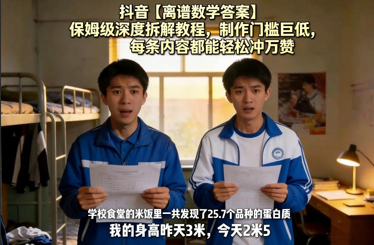 抖音【离谱数学答案】保姆级深度拆解教程，制作门槛巨低，每条内容都能轻松冲万赞，附详细步骤网创-网赚-电商-tk-出海-AI-抖音-快手-小红书-视频号-玩法-创业-小程序-公众号-私域-s粉网创智库