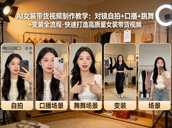 AI女装带货视频制作教学，对镜自拍、口播、跳舞、变装全流程，快速打造高质量女装带货视频网创-网赚-电商-tk-出海-AI-抖音-快手-小红书-视频号-玩法-创业-小程序-公众号-私域-s粉网创智库