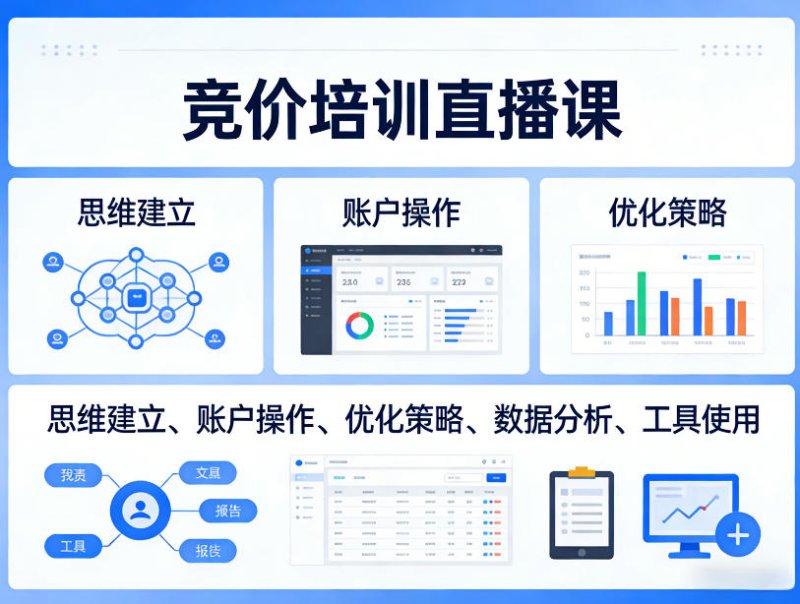 竞价培训直播课，覆盖思维建立、账户操作、优化策略、数据分析、工具使用等，全方位提升效果网创-网赚-电商-tk-出海-AI-抖音-快手-小红书-视频号-玩法-创业-小程序-公众号-私域-s粉网创智库