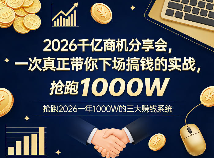 2026千亿商机分享会，一次真正带你下场搞钱的实战，抢跑2026一年1000W的三大賺钱系统网创-网赚-电商-tk-出海-AI-抖音-快手-小红书-视频号-玩法-创业-小程序-公众号-私域-s粉网创智库