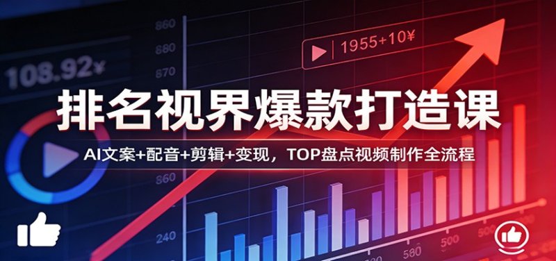 排名视界爆款打造课：AI文案+配音+剪辑+变现，TOP盘点视频制作全流程网创-网赚-电商-tk-出海-AI-抖音-快手-小红书-视频号-玩法-创业-小程序-公众号-私域-s粉网创智库