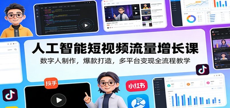 人工智能短视频流量增长课:数字人制作,爆款打造,多平台变现全流程教学网创-网赚-电商-tk-出海-AI-抖音-快手-小红书-视频号-玩法-创业-小程序-公众号-私域-s粉网创智库