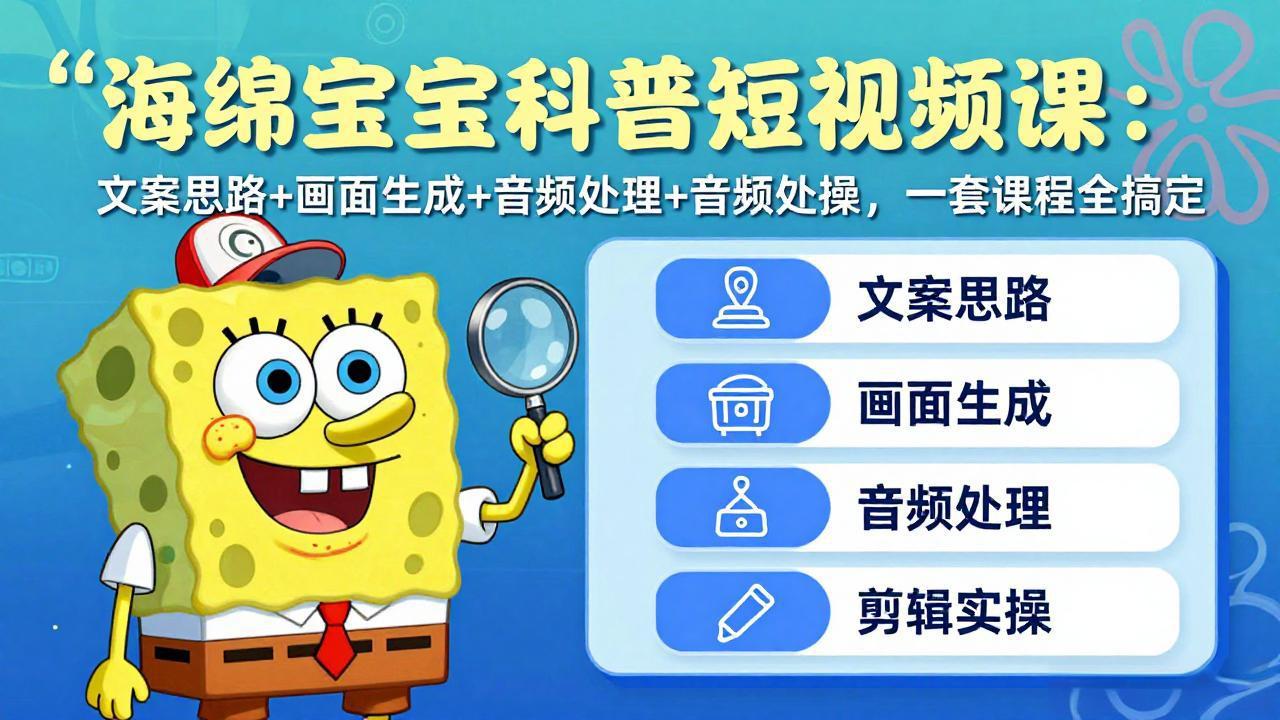 海绵宝宝科普短视频课：文案思路+画面生成+音频处理+剪辑实操，一套课程全搞定 - 网创智库网创-网赚-电商-tk-出海-AI-抖音-快手-小红书-视频号-玩法-创业-小程序-公众号-私域-s粉网创智库
