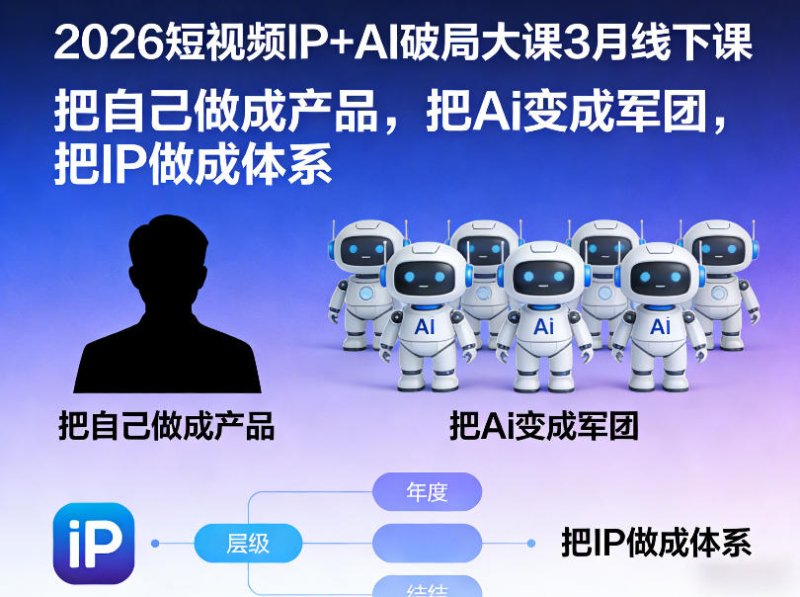 2026短视频IP+AI破局大课3月线下课，把自己做成产品，把Ai变成军团，把IP做成体系网创-网赚-电商-tk-出海-AI-抖音-快手-小红书-视频号-玩法-创业-小程序-公众号-私域-s粉网创智库