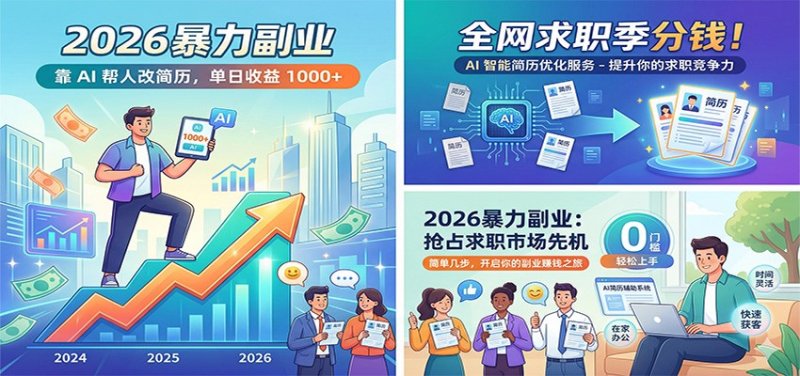 2026暴力副业：靠AI帮人改简历，单日收益1000+，全网求职季分钱网创-网赚-电商-tk-出海-AI-抖音-快手-小红书-视频号-玩法-创业-小程序-公众号-私域-s粉网创智库