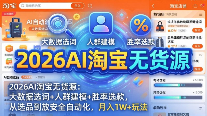 2026AI淘宝无货源：大数据选词+人群建模+胜率选款，从选品到放大全自动化，月入1W+玩法网创-网赚-电商-tk-出海-AI-抖音-快手-小红书-视频号-玩法-创业-小程序-公众号-私域-s粉网创智库