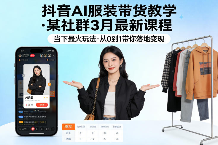 抖音AI服装带货教学,某社群3月最新课程,当下最火玩法,从0到1带你落地变现网创-网赚-电商-tk-出海-AI-抖音-快手-小红书-视频号-玩法-创业-小程序-公众号-私域-s粉网创智库