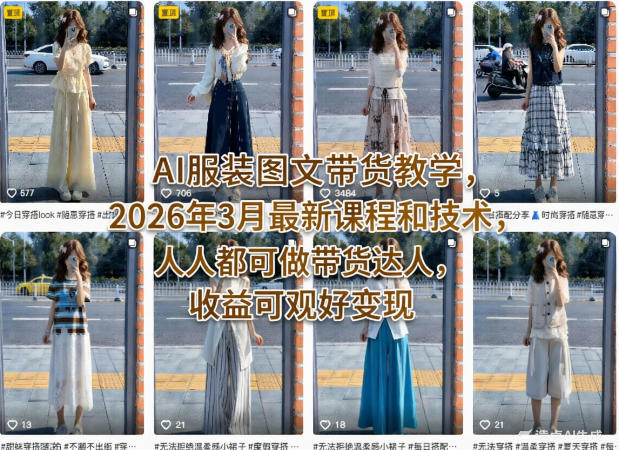 AI服装图文带货教学，2026年3月最新课程和技术，人人都可做带货达人，收益可观好变现网创-网赚-电商-tk-出海-AI-抖音-快手-小红书-视频号-玩法-创业-小程序-公众号-私域-s粉网创智库