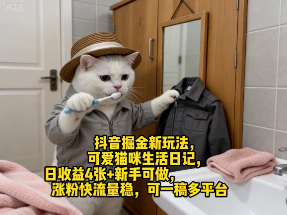 抖音掘金新玩法，可爱猫咪生活日记，日收益4张+新手可做，涨粉快流量稳，可一稿多平台网创-网赚-电商-tk-出海-AI-抖音-快手-小红书-视频号-玩法-创业-小程序-公众号-私域-s粉网创智库