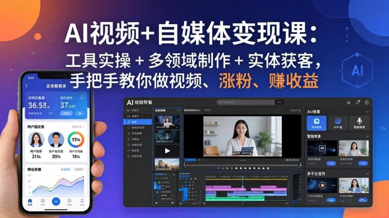 AI视频+自媒体变现课：工具实操 + 多领域制作 + 实体获客，手把手教你做视频、涨粉、赚收益网创-网赚-电商-tk-出海-AI-抖音-快手-小红书-视频号-玩法-创业-小程序-公众号-私域-s粉网创智库