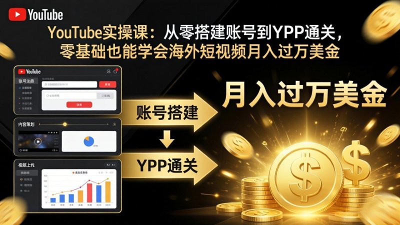 YouTube实操课：从零搭建账号到YPP通关，零基础也能学会海外短视频月入过万美金网创-网赚-电商-tk-出海-AI-抖音-快手-小红书-视频号-玩法-创业-小程序-公众号-私域-s粉网创智库