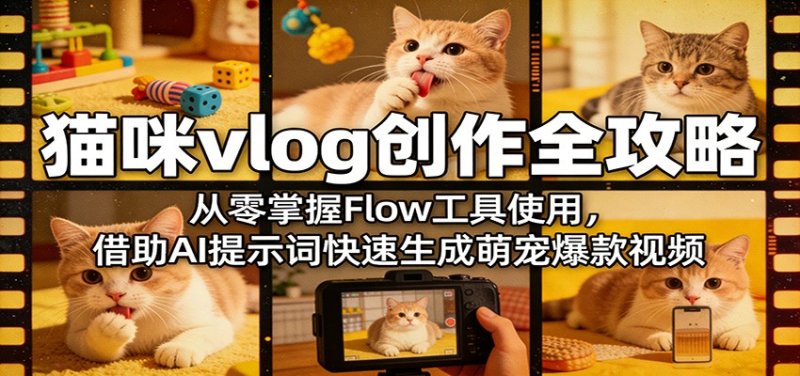猫咪vlog创作全攻略：从零掌握Flow工具使用，借助AI提示词快速生成萌宠爆款视频网创-网赚-电商-tk-出海-AI-抖音-快手-小红书-视频号-玩法-创业-小程序-公众号-私域-s粉网创智库